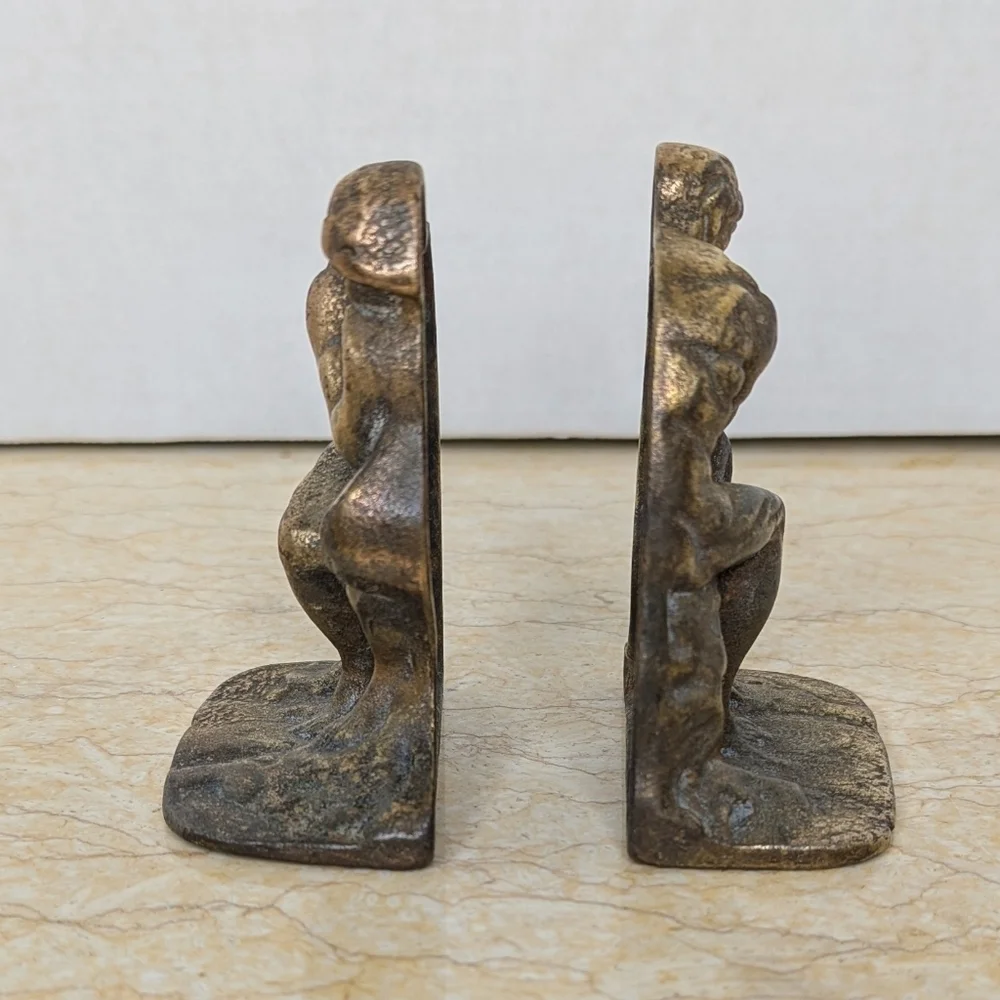 Vintage Brass The Thinker By Rodin Metal Sculpture Bookends Art Deco Old World